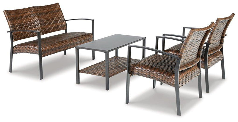 Zariyah Dark Brown Outdoor Love/Chairs/Table Set (Set of 4)