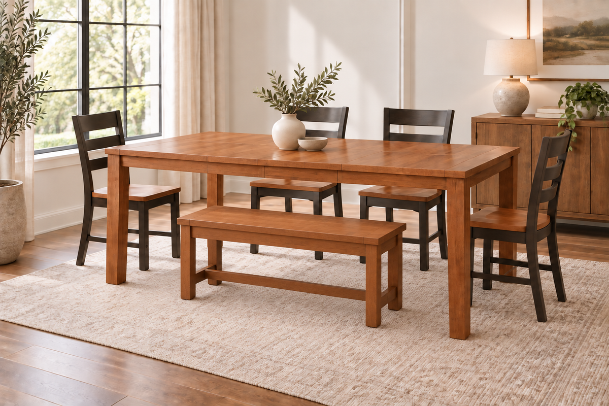 Westwood Gabe Extensions Dining Table, Bench & 4 Rylie Dining Chairs