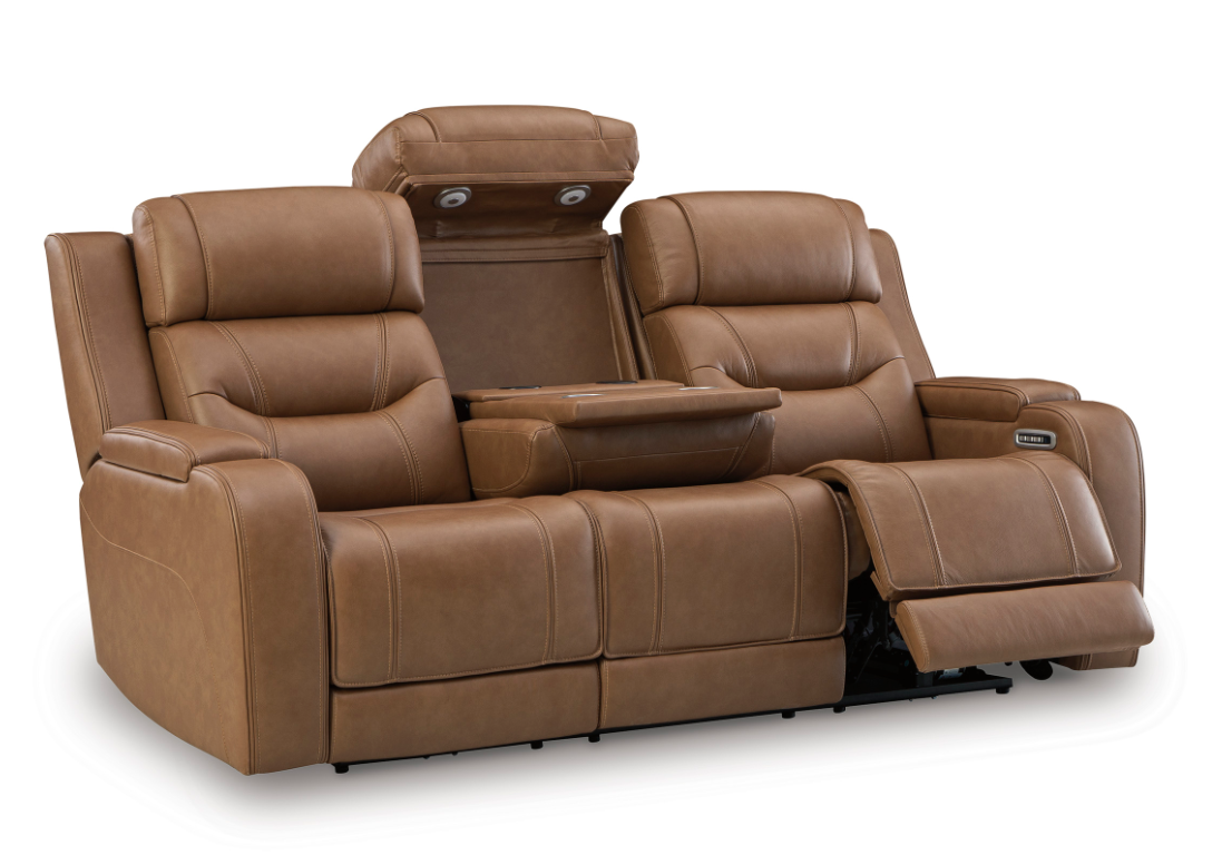 Knightington Immersive Audio and Thunder Seating Leather Power Reclining Sofa - Caramel